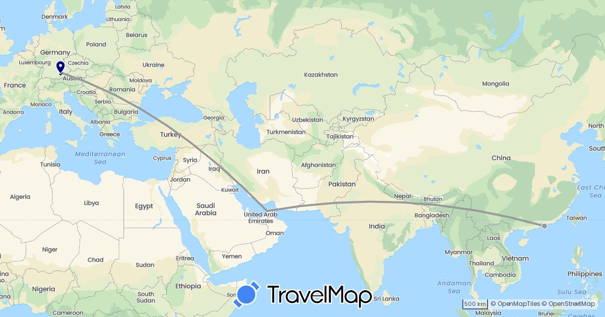 TravelMap itinerary: driving, plane in United Arab Emirates, China, Germany (Asia, Europe)